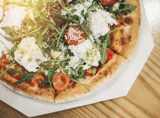 Salad Cheese Pizza close-up. Italian cuisine. ( Feeling of natural light sensation )