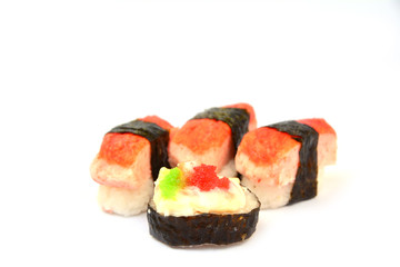 many piece of sushi isolated on white background