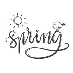 Hand drawn lettering spring. Sun and bird