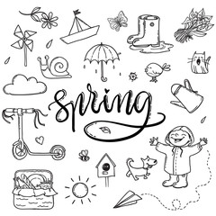 Hand drawn lettering spring funny graphic set. Umbrella, paper boat, boots, little boy with dog, cat, bird, sun, birdhouse, snail and Lily of the valley. Isolated elements on a white background