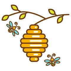 Cute vespiary hanging on branch with bees line isolated vector icon.