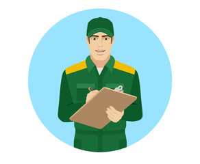 Man in uniform writes on the clipboard closeup