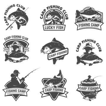 Set of carp fishing labels isolated on white background. Design elements for logo, label, emblem, sign. Vector illustration.