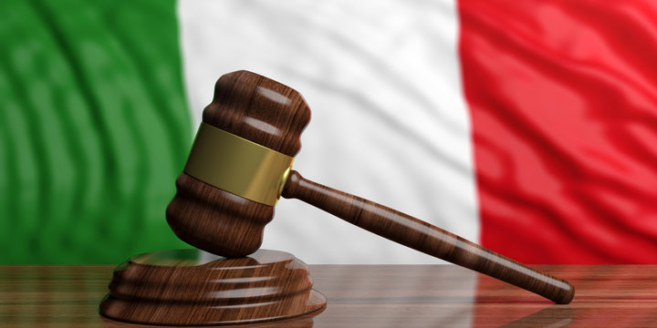 Auction gavel on Italy flag background. 3d illustration