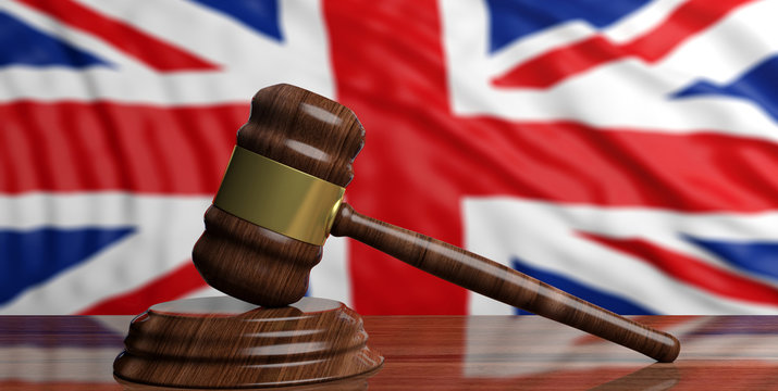 Auction judge gavel on UK flag background. 3d illustration