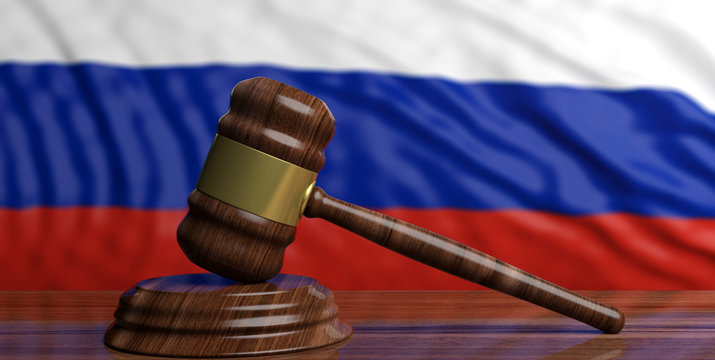 Auction gavel on Russia flag background. 3d illustration