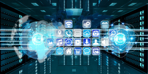 Graph holograms flying over server room data center 3D rendering