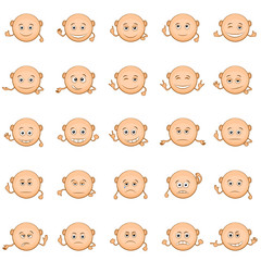 Set of Funny Round Bald Smilies with Hands, Symbolizing Various Human Emotions and Moods, Isolated on White Background. Vector