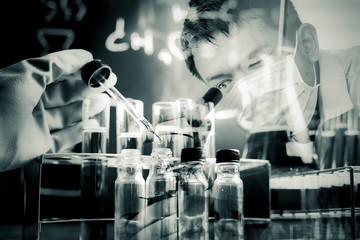 scientist with equipment and science experiments ;Double exposure style