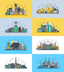 Brazil Russian France, Japan, India, Egypt China USA architecture buildings town city country travel icon linear style © derdy
