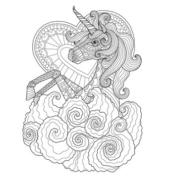 Unicorn with heart. Hand drawn sketch illustration for adult coloring book.