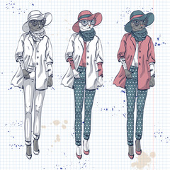 Vector elegant women with cats head