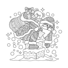 Santa claus on chimney. Hand drawn sketch illustration for adult coloring book.