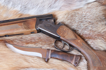 hunting gun and knife lay on the skin of a Fox