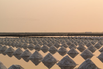sunset time Salt farm Laem Phak Bia, Phetchaburi, Thailand
