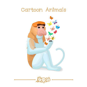 Toons series cartoon animals: Proboscis monkey & butterflies