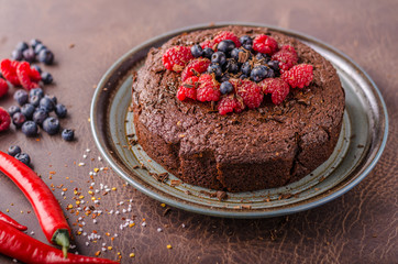 Brownies cake with chilli and berries