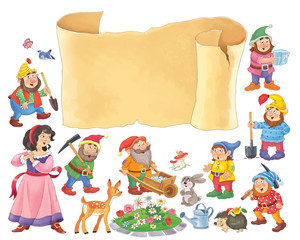 Snow White and the seven dwarfs. Fairy tale. Illustration for children. Poster