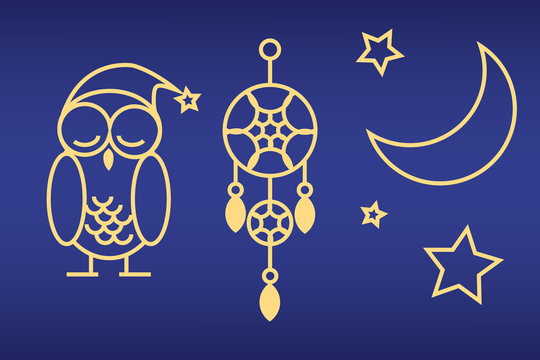 Sleeping owl moon stars dreamcatcher vector icons