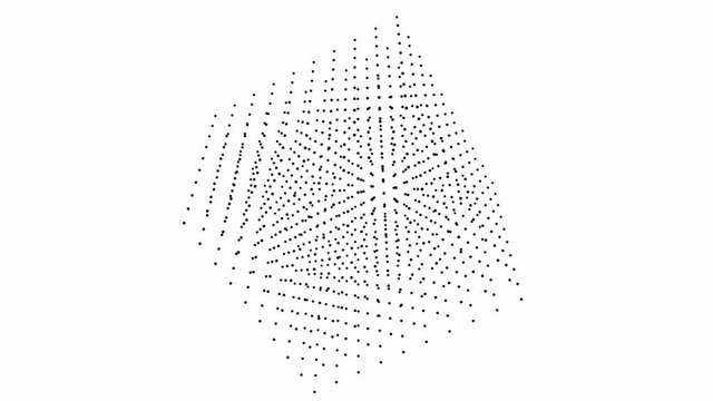 3d cube of black particles rotating on a diagonal on a white background.