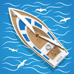 Yacht sailing on the waves. View from above. Vector illustration. 