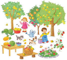 In the garden. Cute boy and girl collecting fruits.