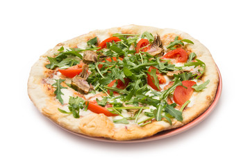 Pizza vegetariana con carciofi,rucola,pomodoro e mozzarella 