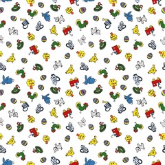 Muster kindliche Motive Kücken Kaffekanne Hund Häschen Eisenbahn Hut Hahn Ornament endlos Papierdruck Stoffdruck Tapete Wand Homepage Hintergrund Ostern