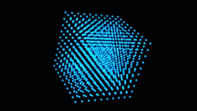 3d cube of blue glowing particles rotating on a diagonal on a black background.. Animation of seamless loop