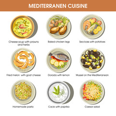 Mediterranean cuisine dishes vector icons set for restaurant menu