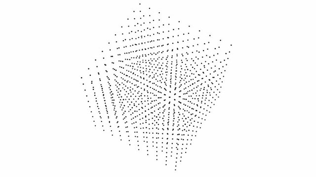 3d cube of black particles rotating on a diagonal on a white background.