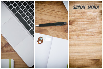 social media, pc on wooden desk