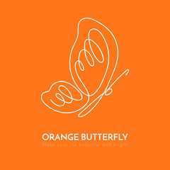 Continuous line butterfly White one line drawing on orange background