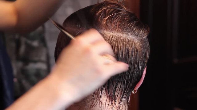 Close up of a hairdresser cutting hair. Hands of professional hair stylist.
