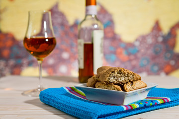 Closeup of Italian cantucci biscuits over a blue napkin
