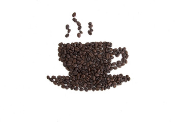 Roasted coffee beans placed in the shape of a cup and saucer on a white surface
