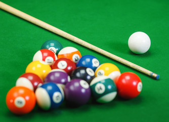 Billiard balls in a green pool table