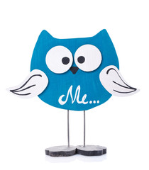 blue wooden owl with long legs on white