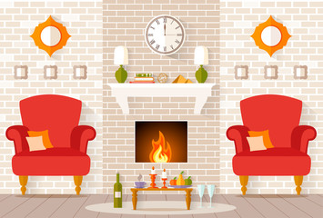 The design of the room with fireplace. Vector interior with served table. Living ready for the festive romantic dinner.