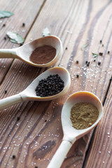Various spices on wooden spoons