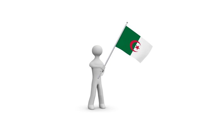 Algeria waving flag. 3d Man holding and waving Algerian flag on transparent background. Loop. Alpha channel. 4k.