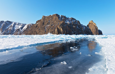 Lake Baikal in winter. Island Olkhon. A large and dangerous break ice near Cape Khoboy