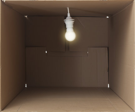 Cardboard Box with Bare Light Bulb, representing cramped small place