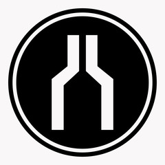 Narrowing of two roads warning attention symbol black circle