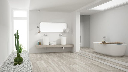 Naklejka na ściany i meble Minimalist white bathroom with succulent garden, wooden floor and pebbles, hotel, spa, modern interior design