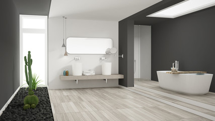 Naklejka na ściany i meble Minimalist white bathroom with succulent garden, wooden floor and pebbles, hotel, spa, modern interior design