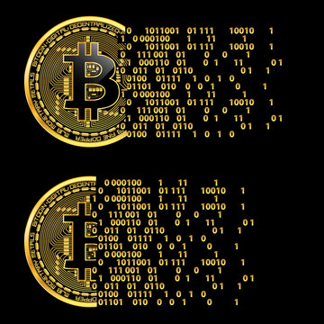 Crypto currency golden coin with black lackered bitcoin symbol on obverse isolated on black background. Vector illustration. Use for logos, print products, page and web decor or other design.