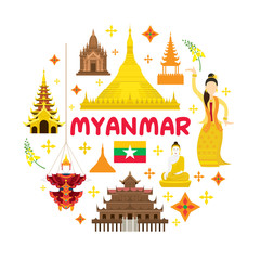 Myanmar Travel Attraction Label, Landmarks, Tourism and Traditional Culture
