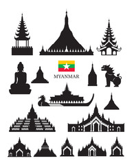 Myanmar Landmarks Architecture Building Object Set, Design Elements, Black and White, Silhouette