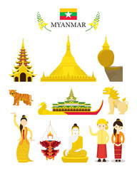 Myanmar Landmarks and Culture Object Set, National Symbol and Architecture, Travel and Tourist Attraction